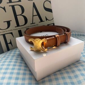 Celine Brown Leather Belt with Gold Buckle